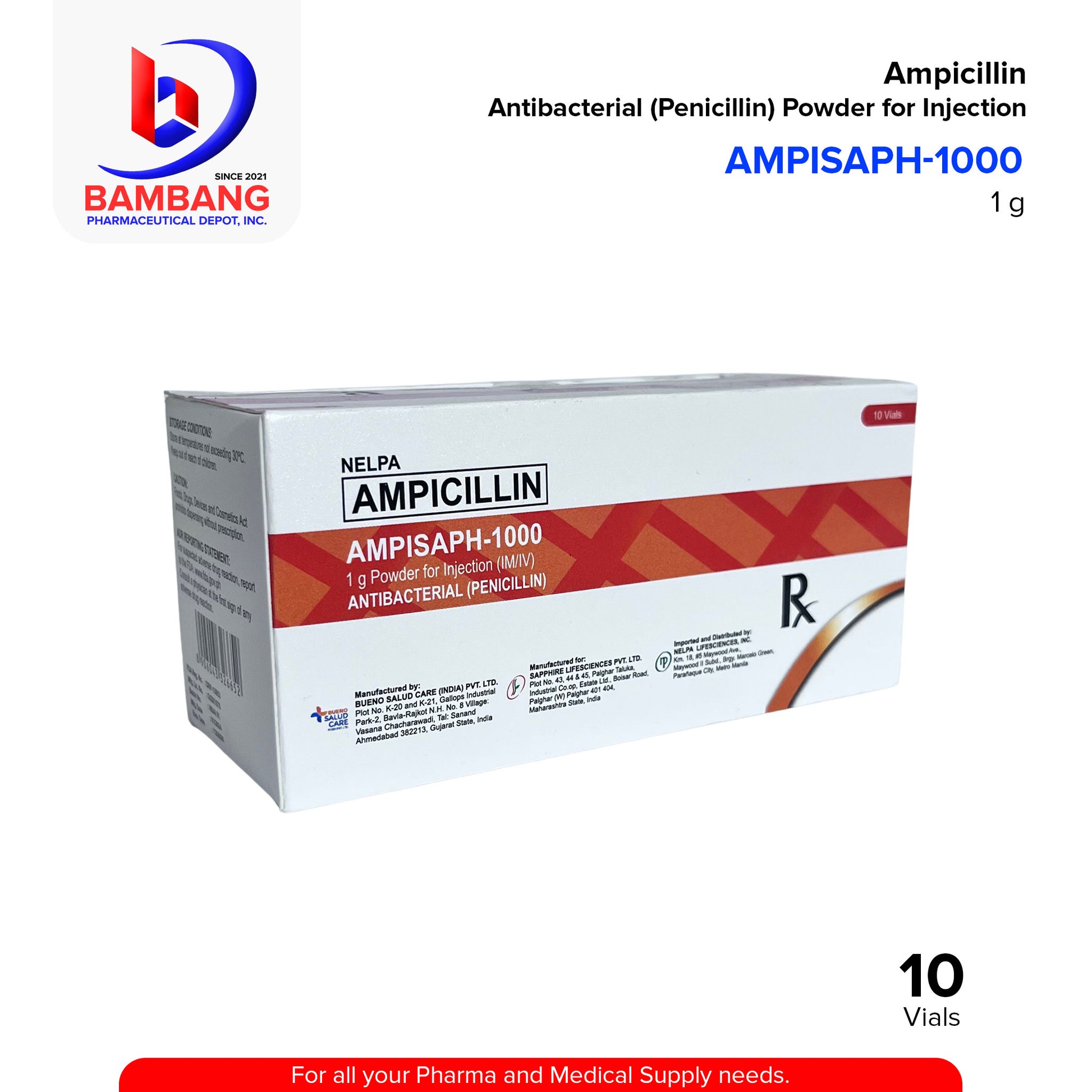 AMPISAPH-1000 Ampicillin 1g Powder For Injection (IM/IV) Antibacterial Vial 10's