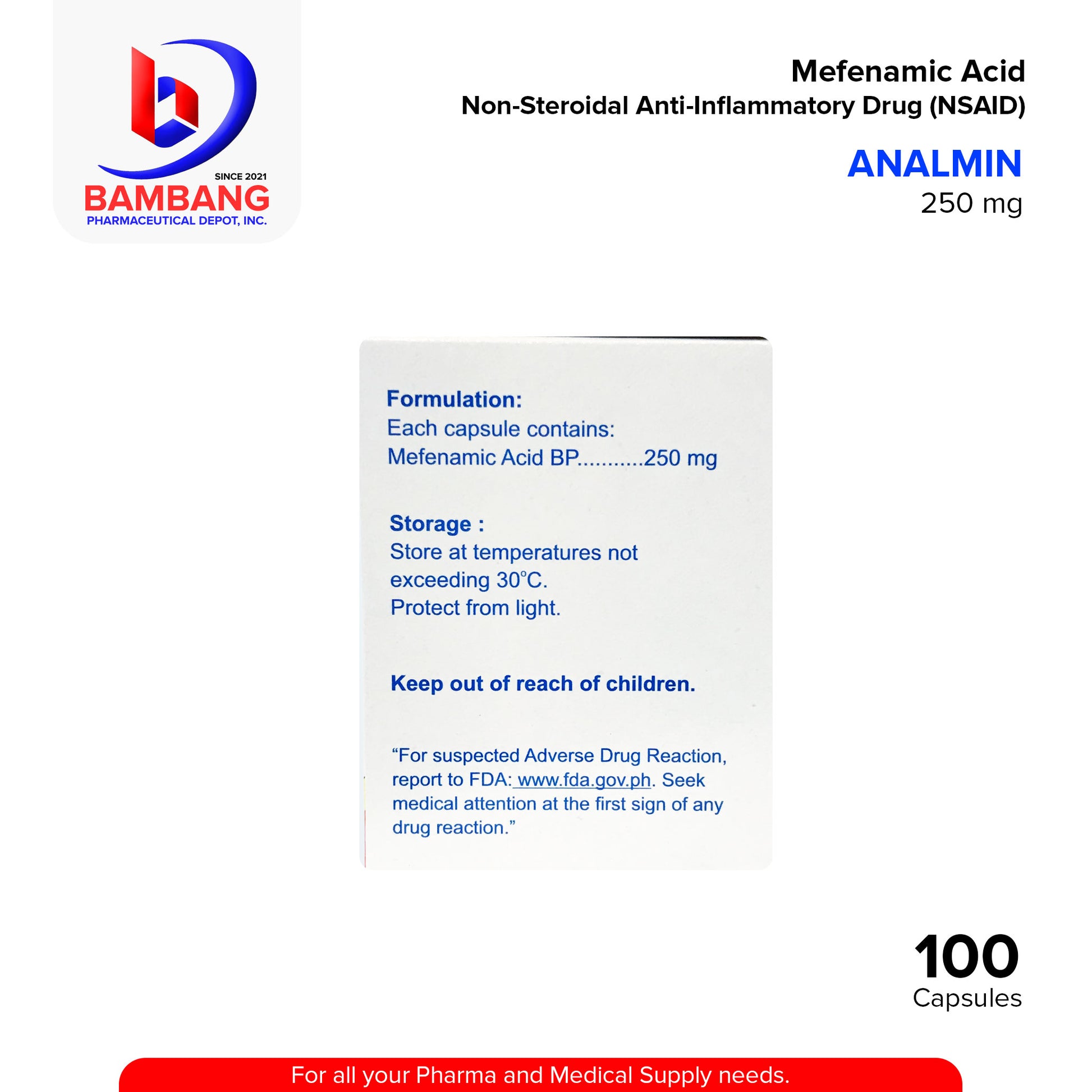 ANALMIN Mefenamic Acid 250 mg Non Steroidal Anti Inflammatory Drug NSAID Capsule 100's
