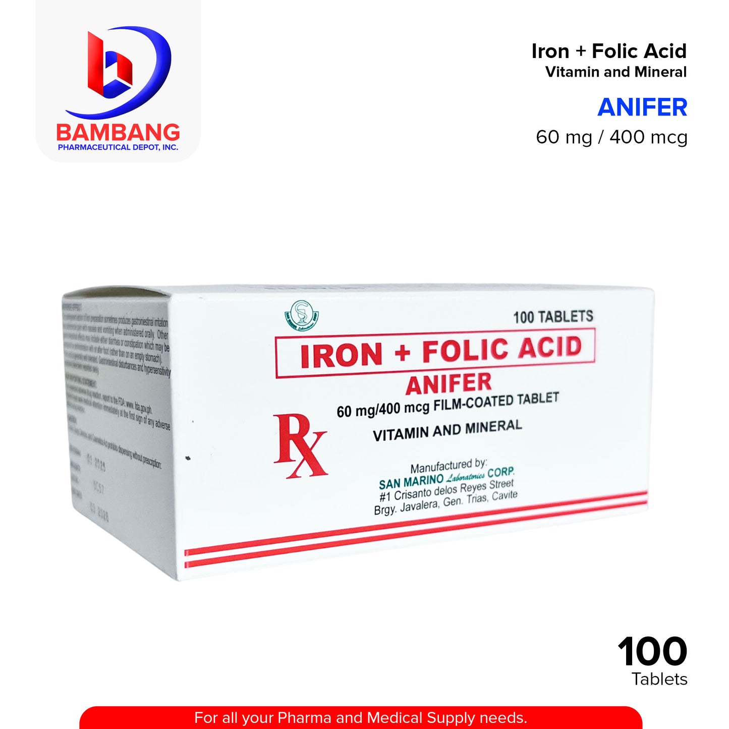 ANIFER Iron + Folic Acid Vitamin and Mineral 60 mg / 400 mcg Tablet 100's