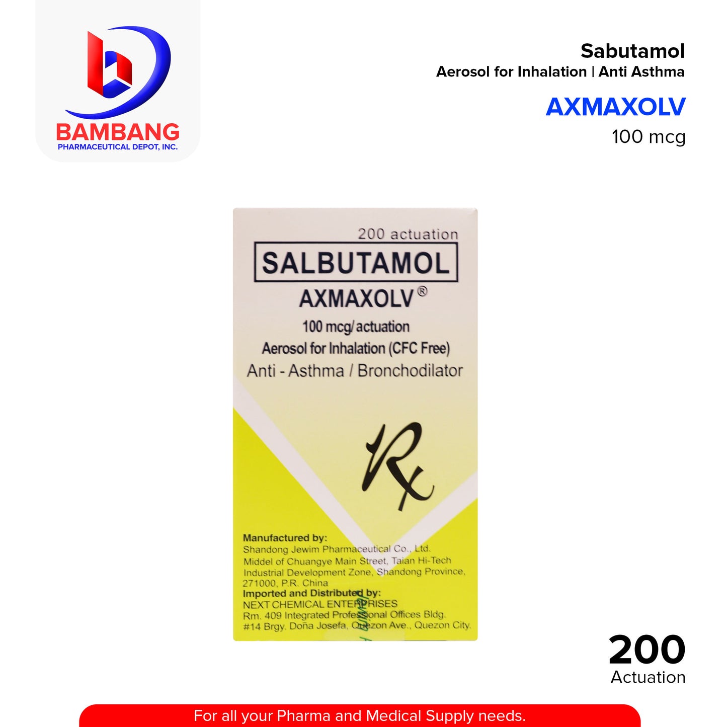 AXMAXOLV Salbutamol 100 mcg / actuation Aerosol for Inhalation Anti Asthma / Bronchodilator 200 Actuation