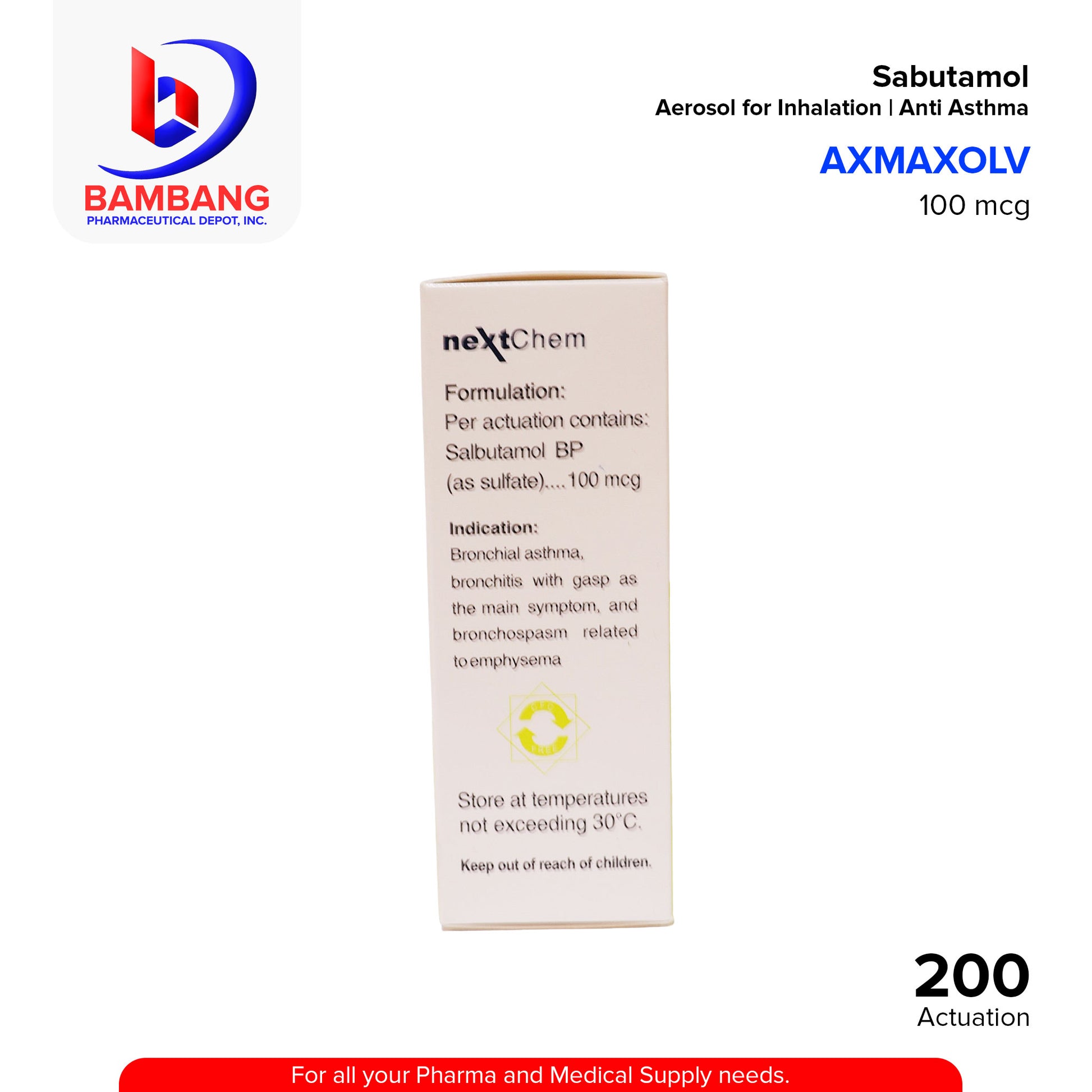 AXMAXOLV Salbutamol 100 mcg / actuation Aerosol for Inhalation Anti Asthma / Bronchodilator 200 Actuation