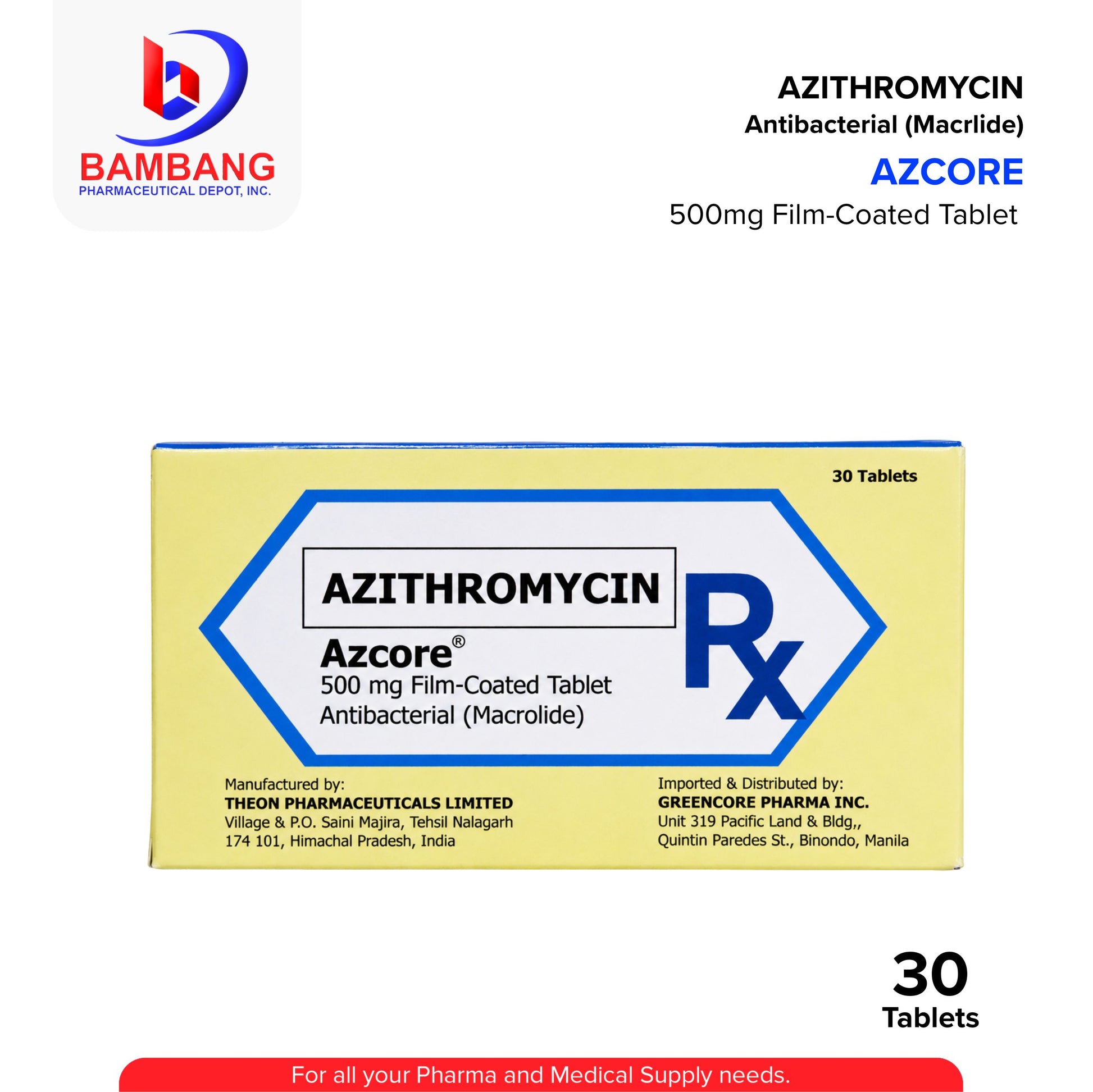 Box of Azithromycin tablets with Bambang Pharmaceutical Depot, Inc. branding on a white background.