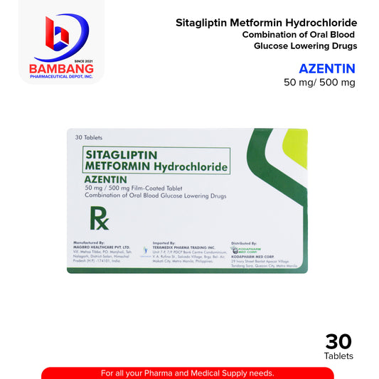AZENTIN Sitagliptin Metformin Hydrochloride Combination of Oral Blood Glucose Lowering Drugs 50mg / 500mg Film Coated Tablet 30's