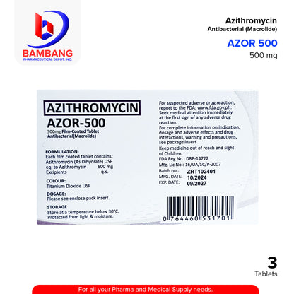 AZOR Azithromycin 500mg Film Coated Antibacterial Macrolide 3's