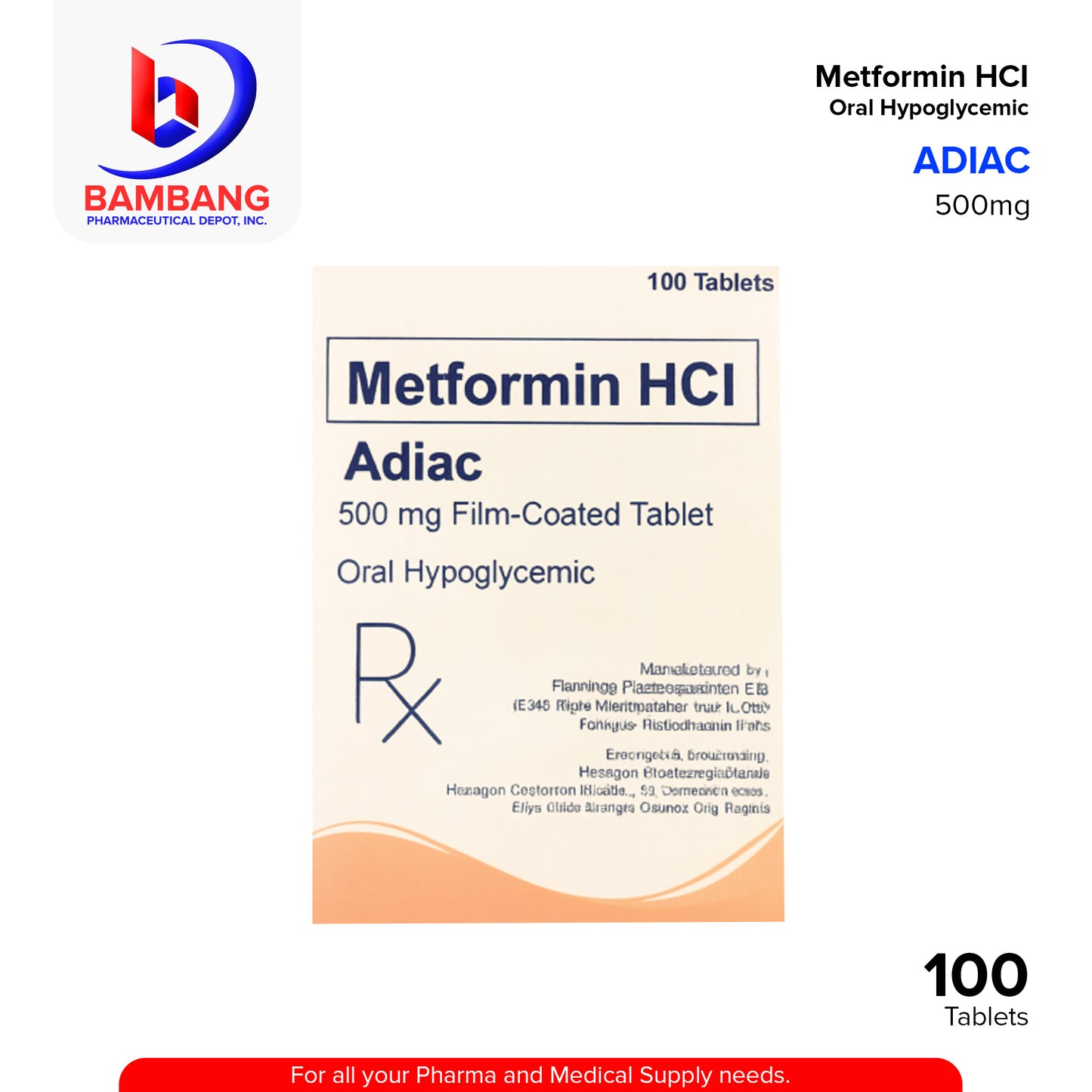 ADIAC Metformin HCI 500mg Film Coated Oral Hypoglycemic Tablets 100's