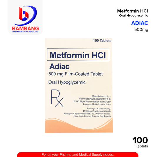 ADIAC Metformin HCI 500mg Film Coated Oral Hypoglycemic Tablets 100's