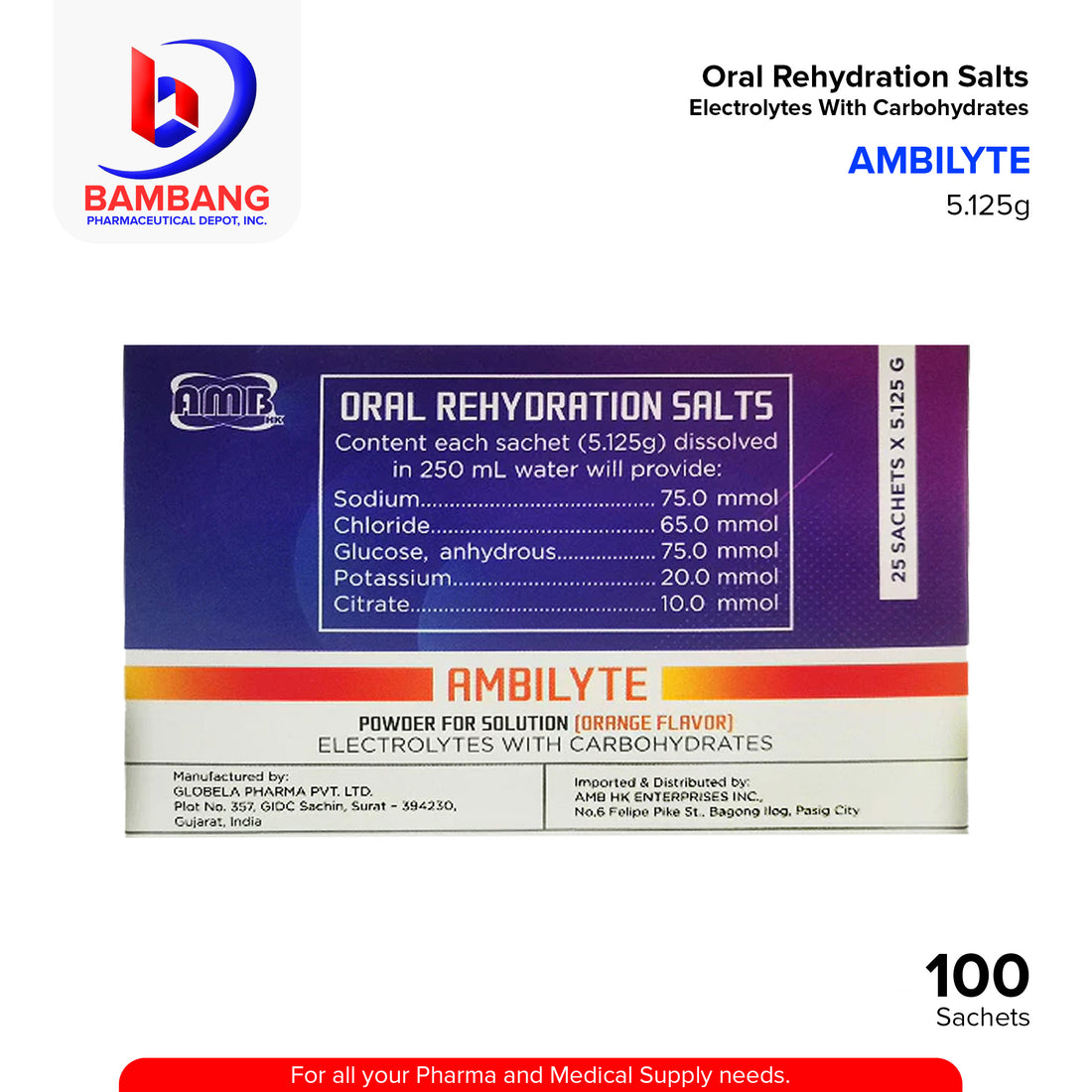 AMBILYTE Oral Rehydration Salts Powder for Solution (Orange Flavor) 25 ...