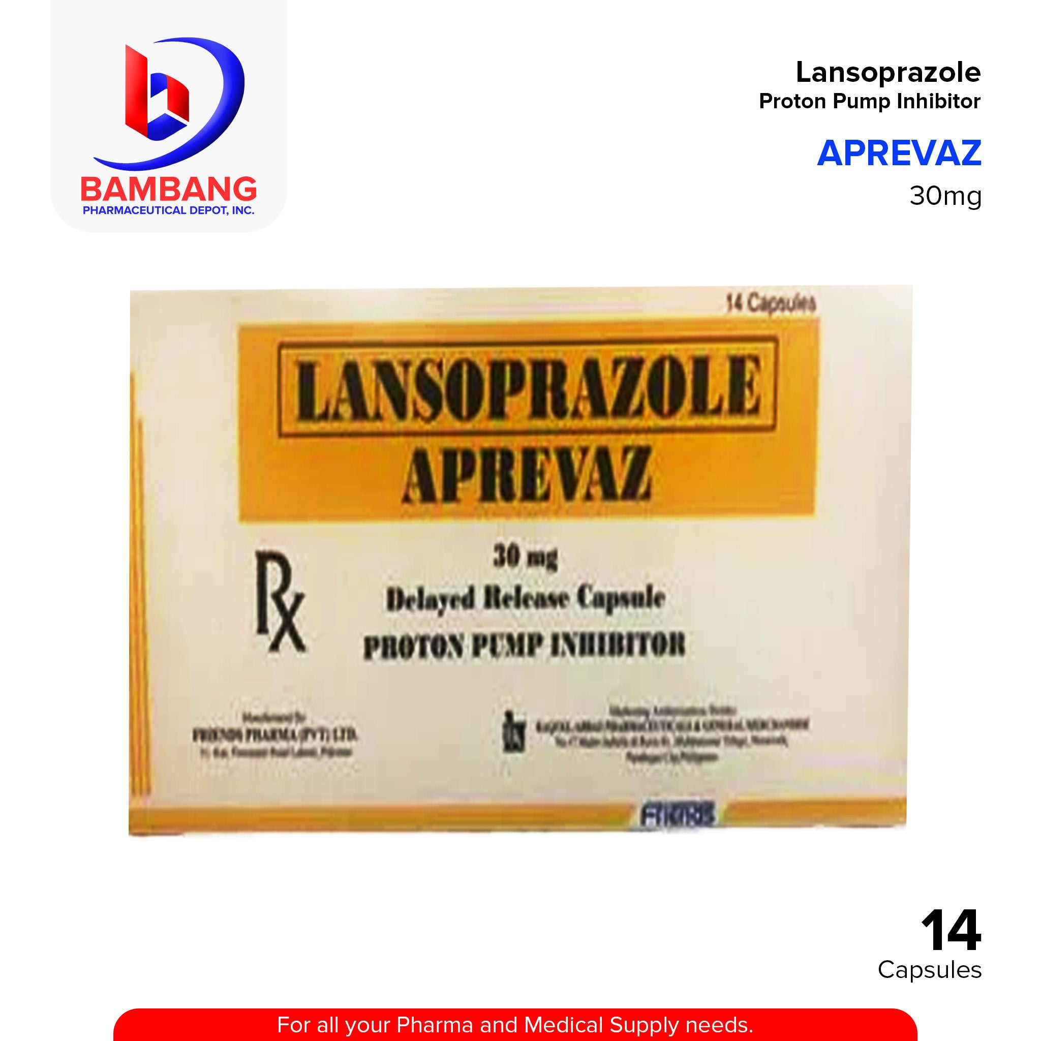APREVAZ Lansoprazole 30mg DR Caps 14's – Bambang Pharmaceutical Depot Inc.