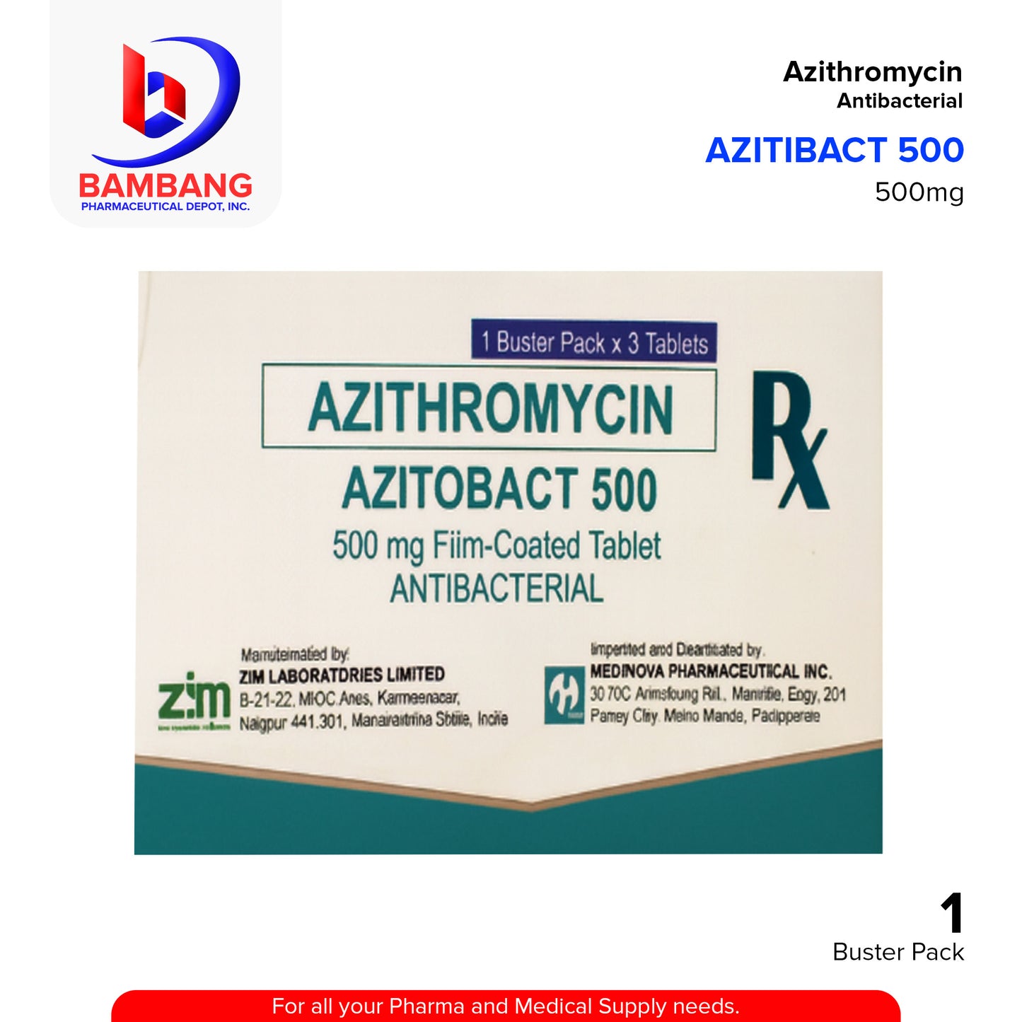 AZITOBACT Azithromycin 500mg Tablet 3's