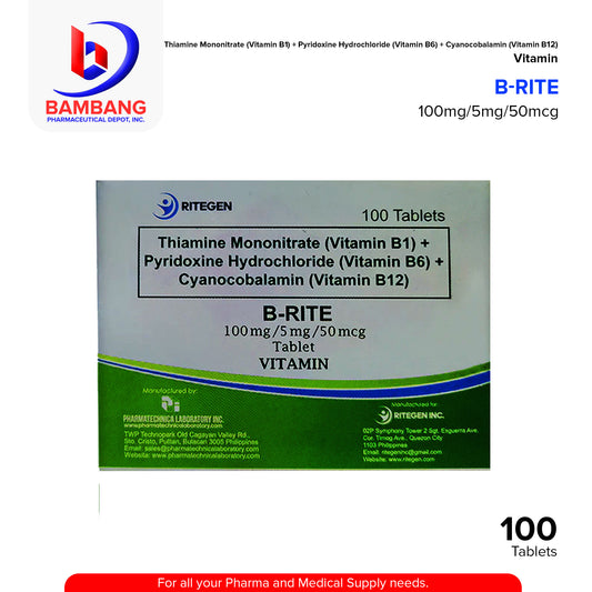 B-RITE Thiamine Mononitrate Vit B1 + Pyridoxine Hydrochloride Vit B6 + Cyanocobalamin Vit B12 100mg /5mg/50mcg tablet 100's