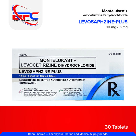 Levosaphzine-Plus Montelukast Levocetirizine Dihydrochloride 10mg / 5mg Film Coated Tablet 30's