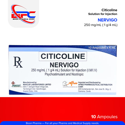 NERVIGO Citicoline Solution for Injection 250 mg/mL (1 g/4 mL) Pyschostimulant and Nootropic 10 Ampoules