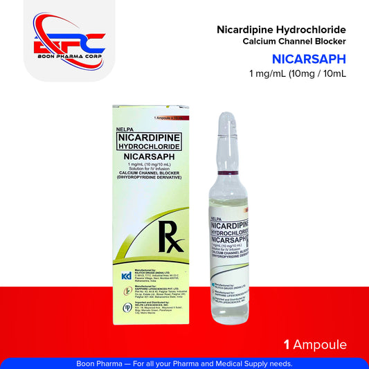 NICARSAPH Nicardipine Hydrochloride Solution for IV Infusion 1mg / mL Calcium Channel Blocker Dihydropyridine Derivative 1 Ampoule