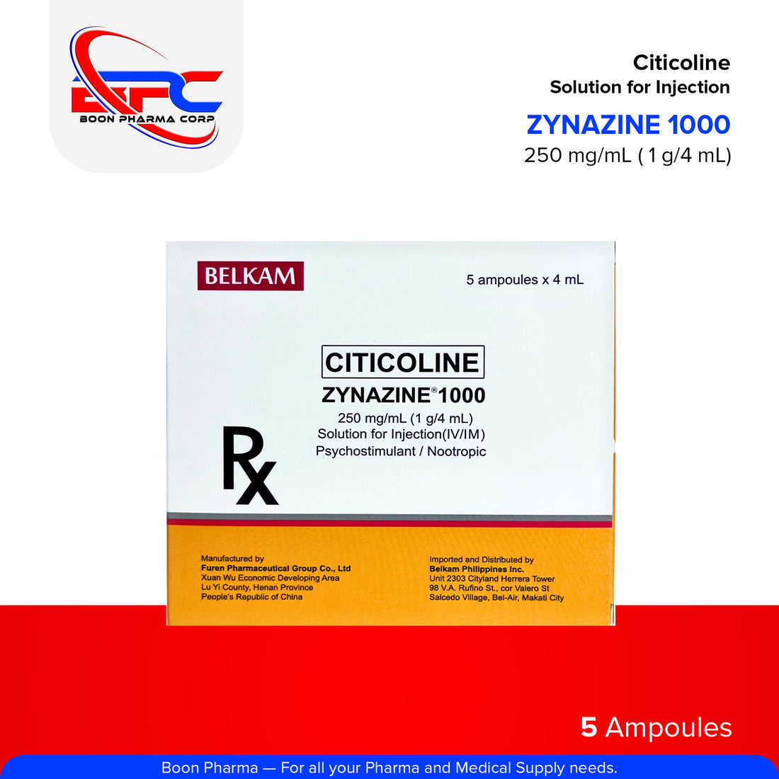 ZYNZINE 1000 Citicoline Solution for Injection 250 mg/mL (1 g/4 mL) Py ...