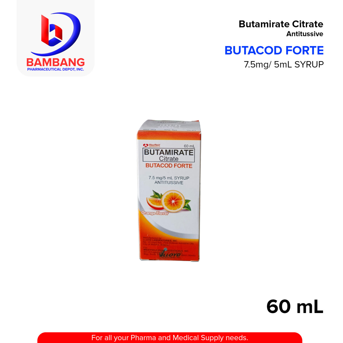 Butado Injection BUTACOD FORTE Butamirate Citrate Antitussive 7.5mg/ 5mL SYRUP 60mL ...