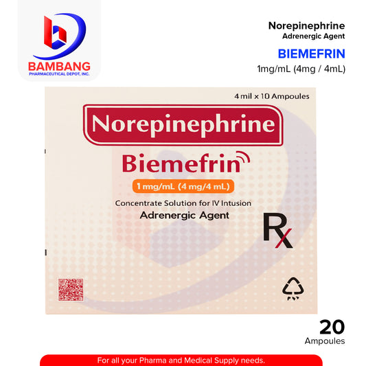 BIEMEFRIN Norepinephrine 1mg/ml (4mg/4ml) Concentrate Solution for IV Infusion Adrenergic Agent 10 Ampoule x 4ml
