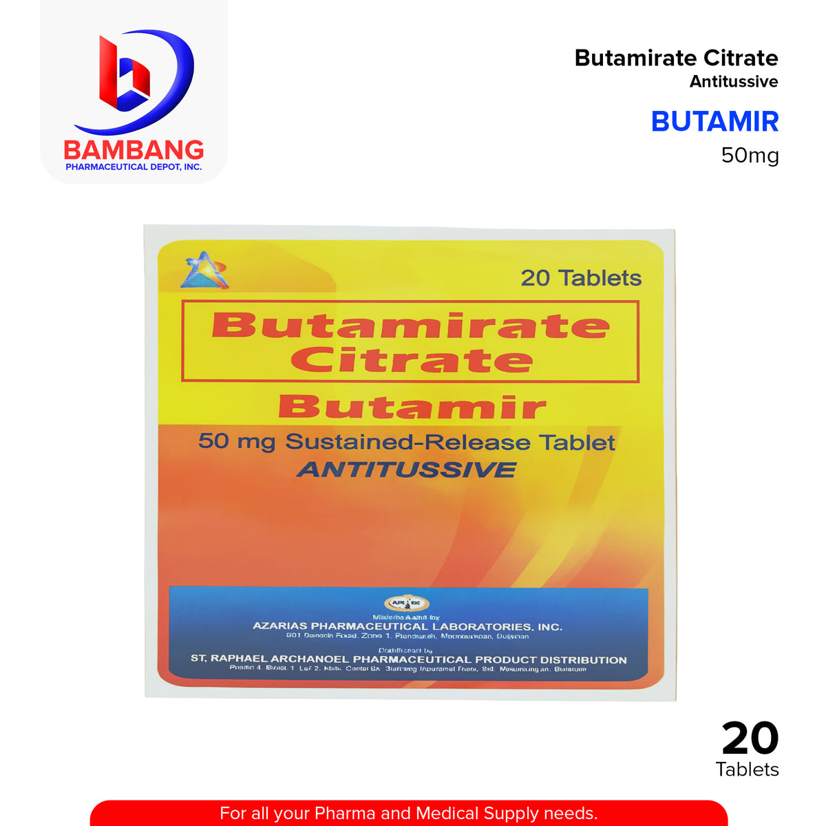 BUTAMIR Butamirate Citrate 50mg Sustained Release Tablet 20's – Bambang ...