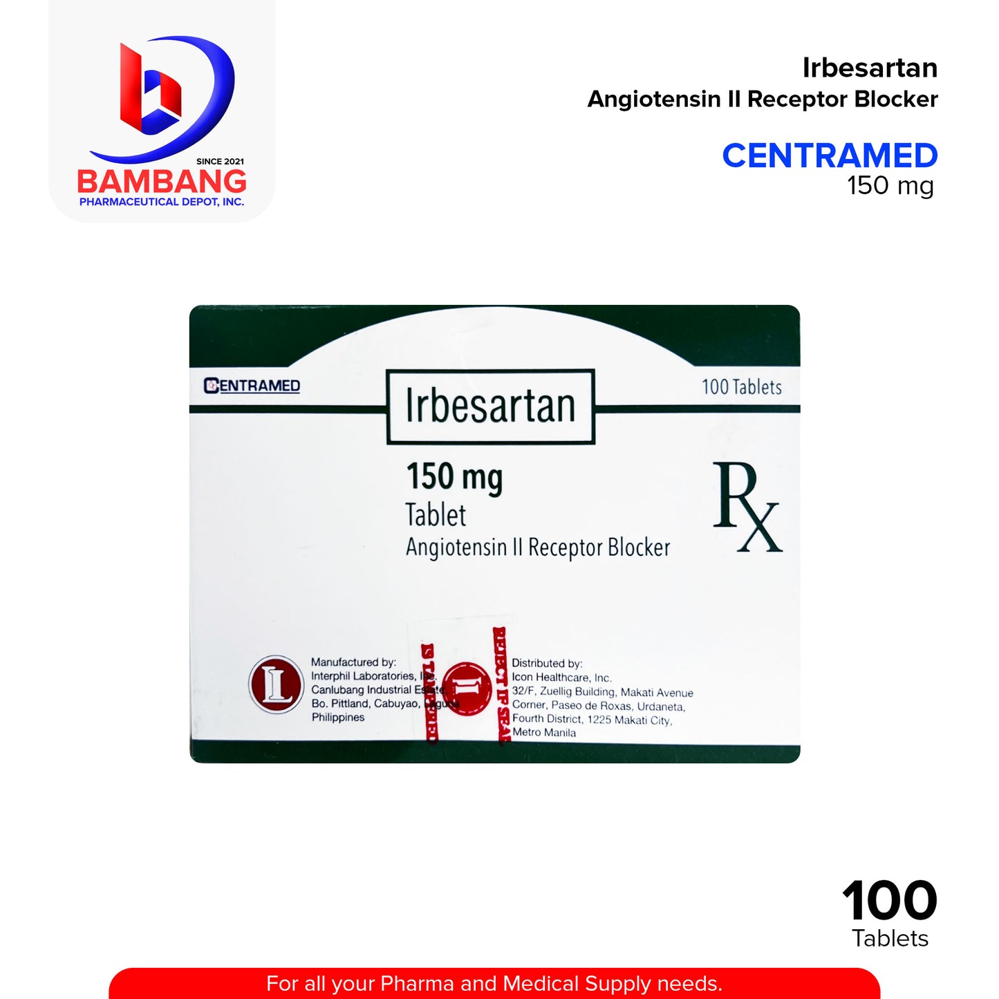 CENTRAMED Irbesartan Angiotensin II Receptor Blocker 150 mg Tablet 100's