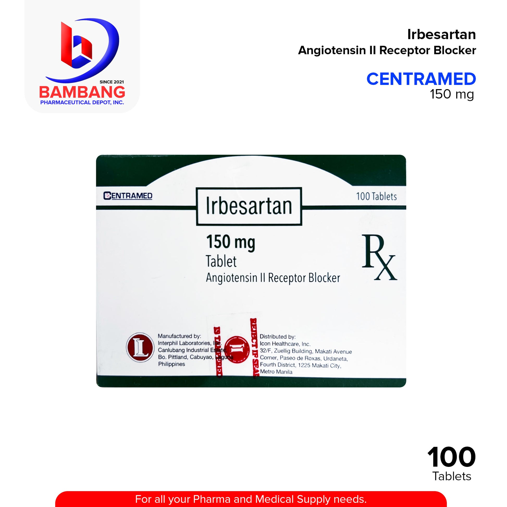 CENTRAMED Irbesartan Angiotensin II Receptor Blocker 150 mg Tablet 100's