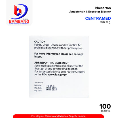 CENTRAMED Irbesartan Angiotensin II Receptor Blocker 150 mg Tablet 100's