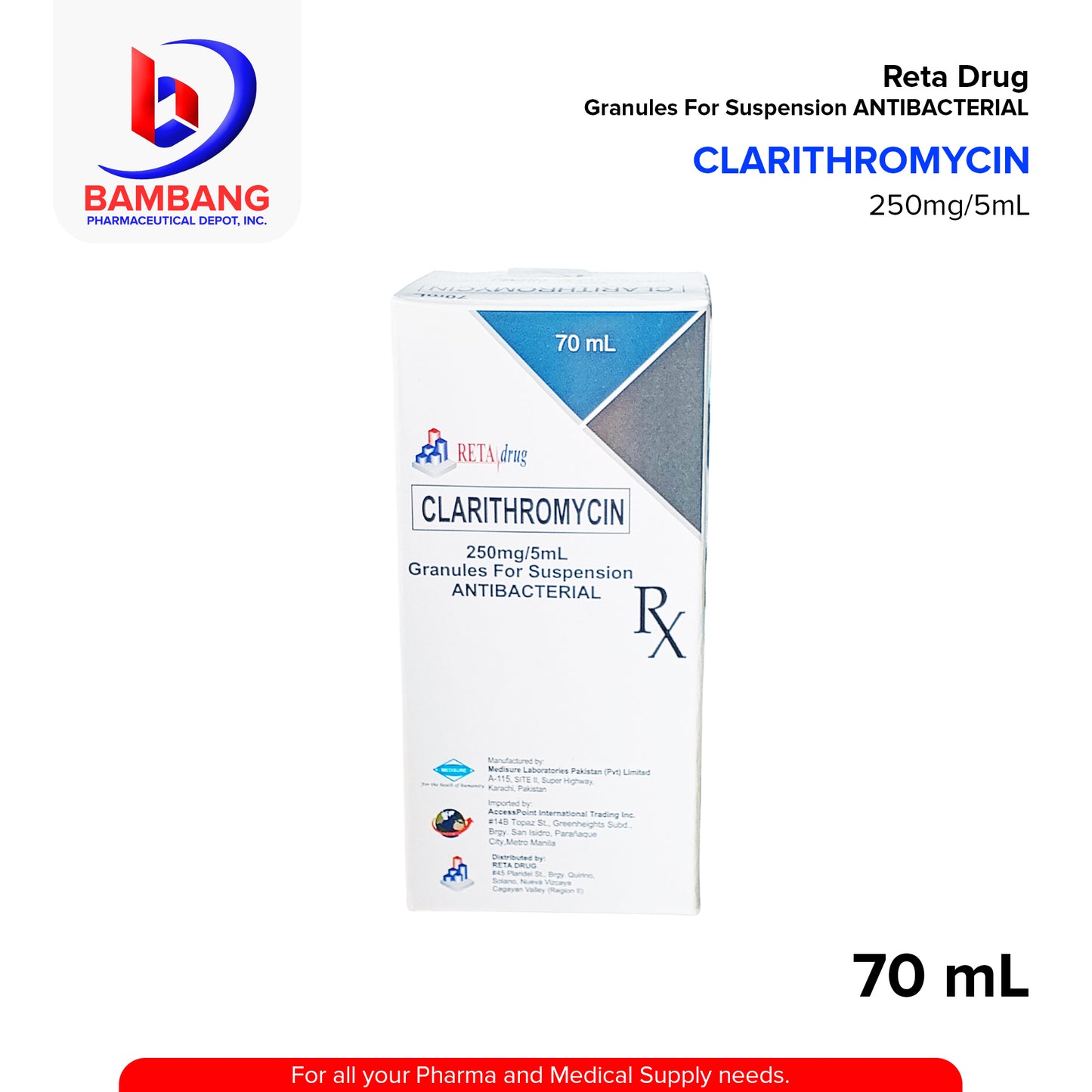 CLARITHROMYCIN Reta Drug Granules For Suspension ANTIBACTERIAL 250mg/5mL 70 mL