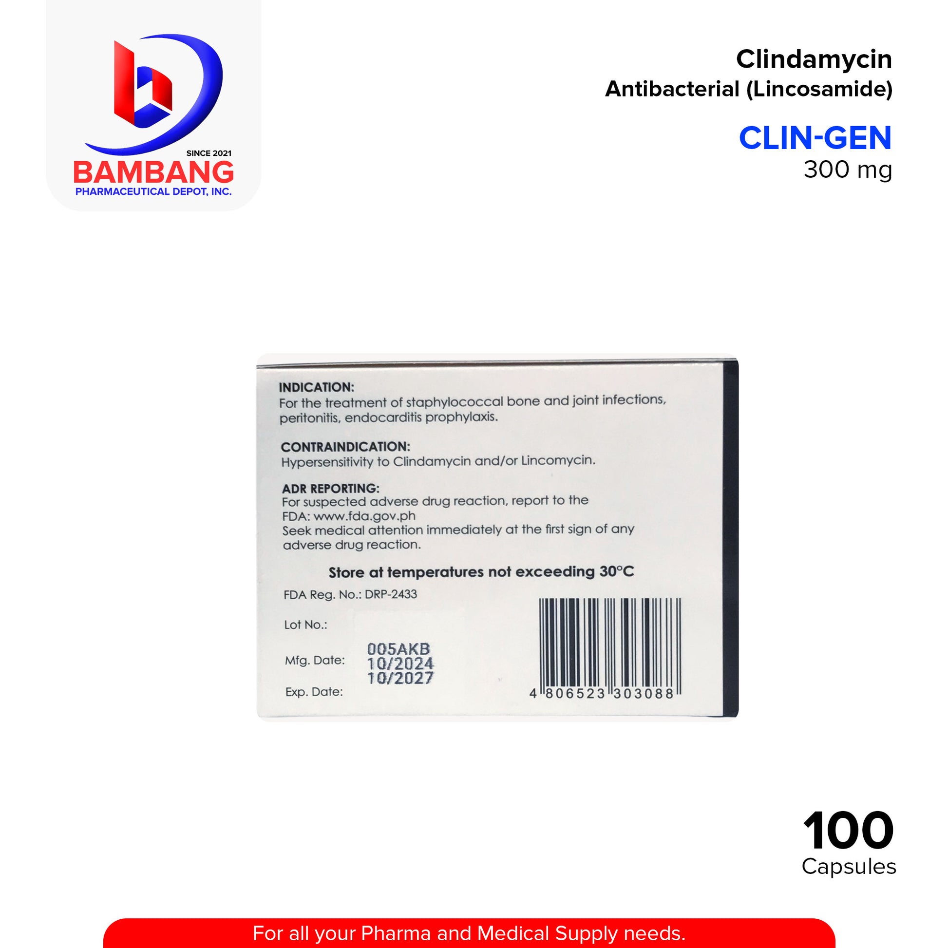 CLIN-GEN Clindamycin Antibacterial Lincosamide 300mg Capsule 100's