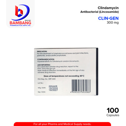 CLIN-GEN Clindamycin Antibacterial Lincosamide 300mg Capsule 100's