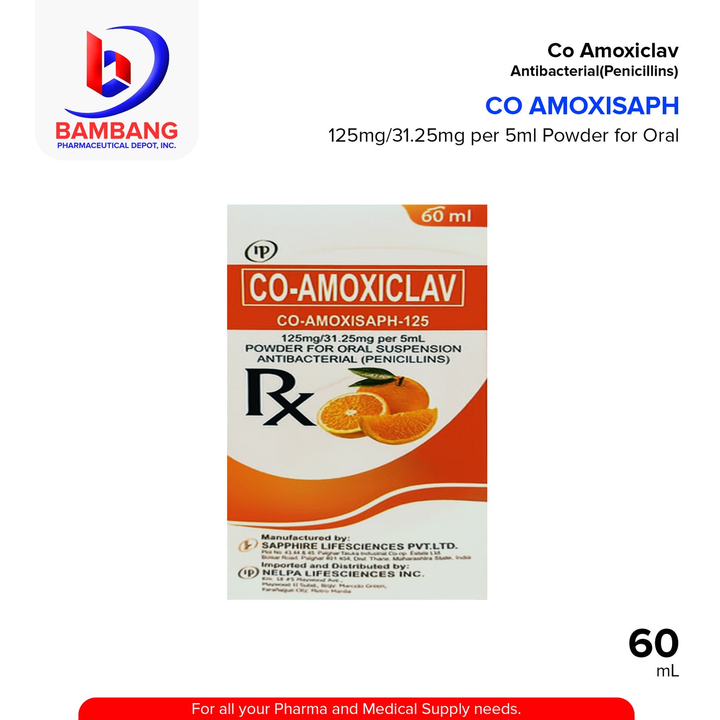 CO AMOXISAPH Co Amoxiclav 125mg/31.25mg per 5ml Powder for Oral Suspension 60ml