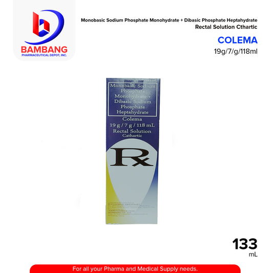 COLEMA Monobasic Sodium Phosphate Monohydrate + Dibasic Phosphate Heptahydrate 19g/7/g/118ml Rectal Solution Cthartic