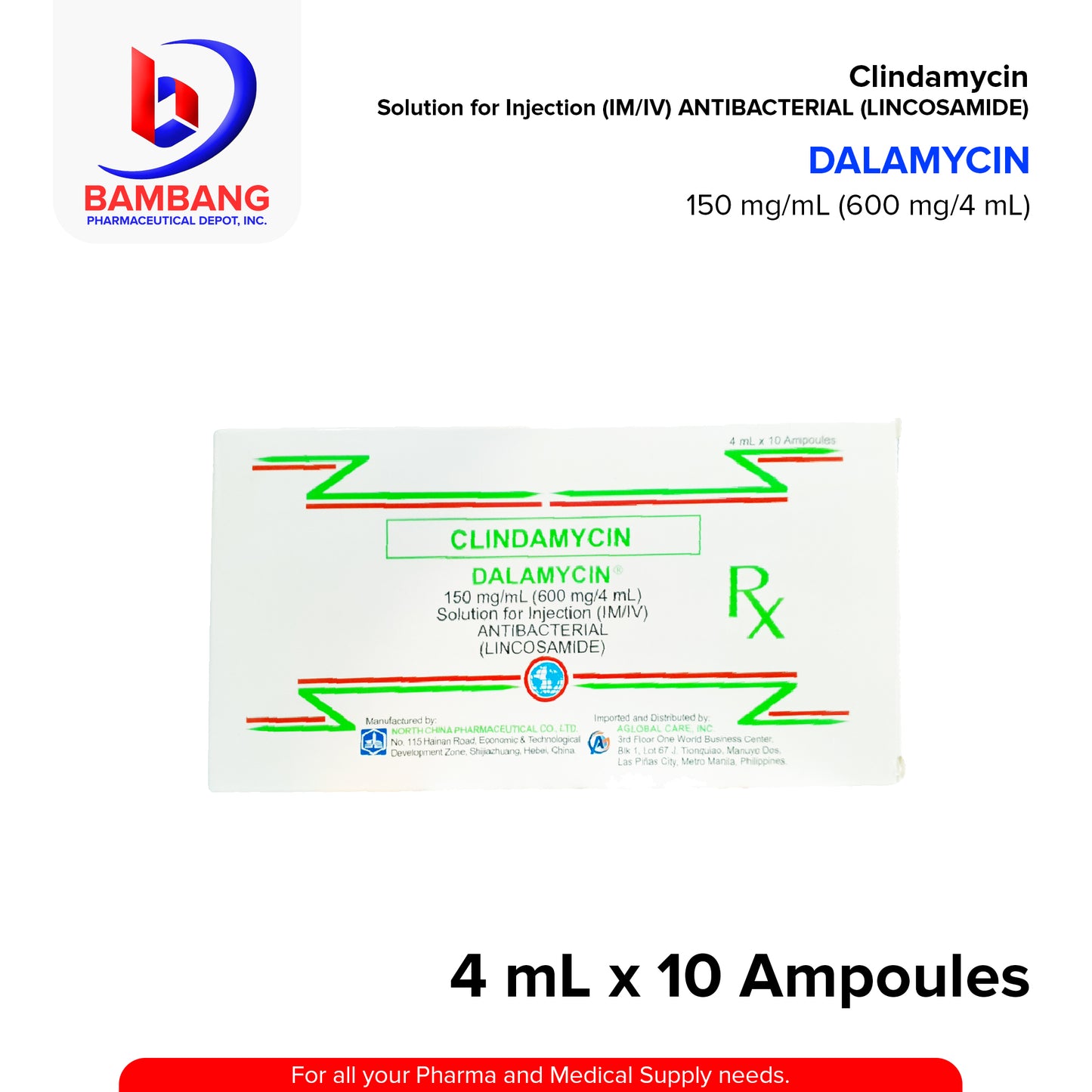 Clindamycin (Dalamycin) 150mg/ml (600mg/4ml) Solution For Injection (IM.IV) Antibacterial 4ml x Ampoules 10's