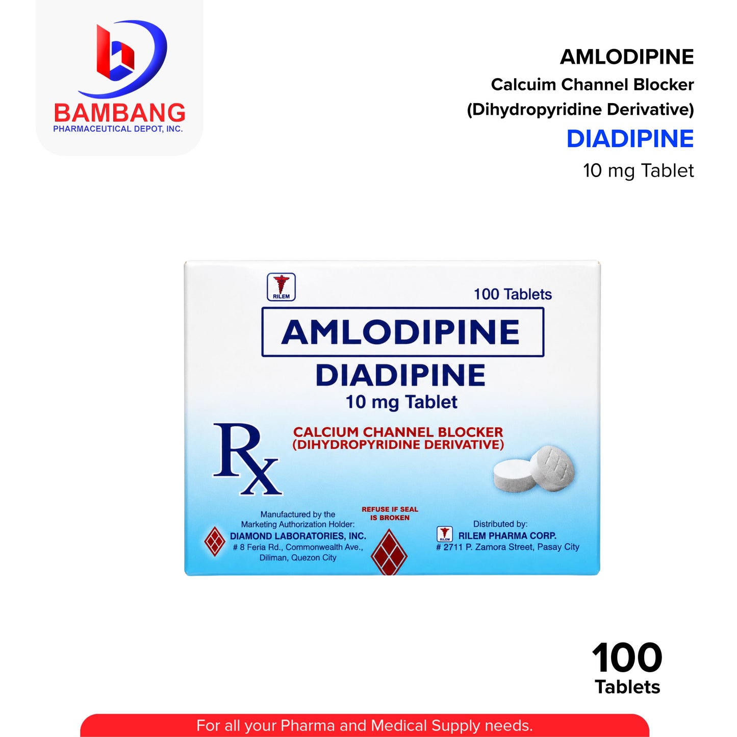 Amlodipine Diadipine 10 mg tablet packaging with Bambang Pharmaceutical logo on a white background