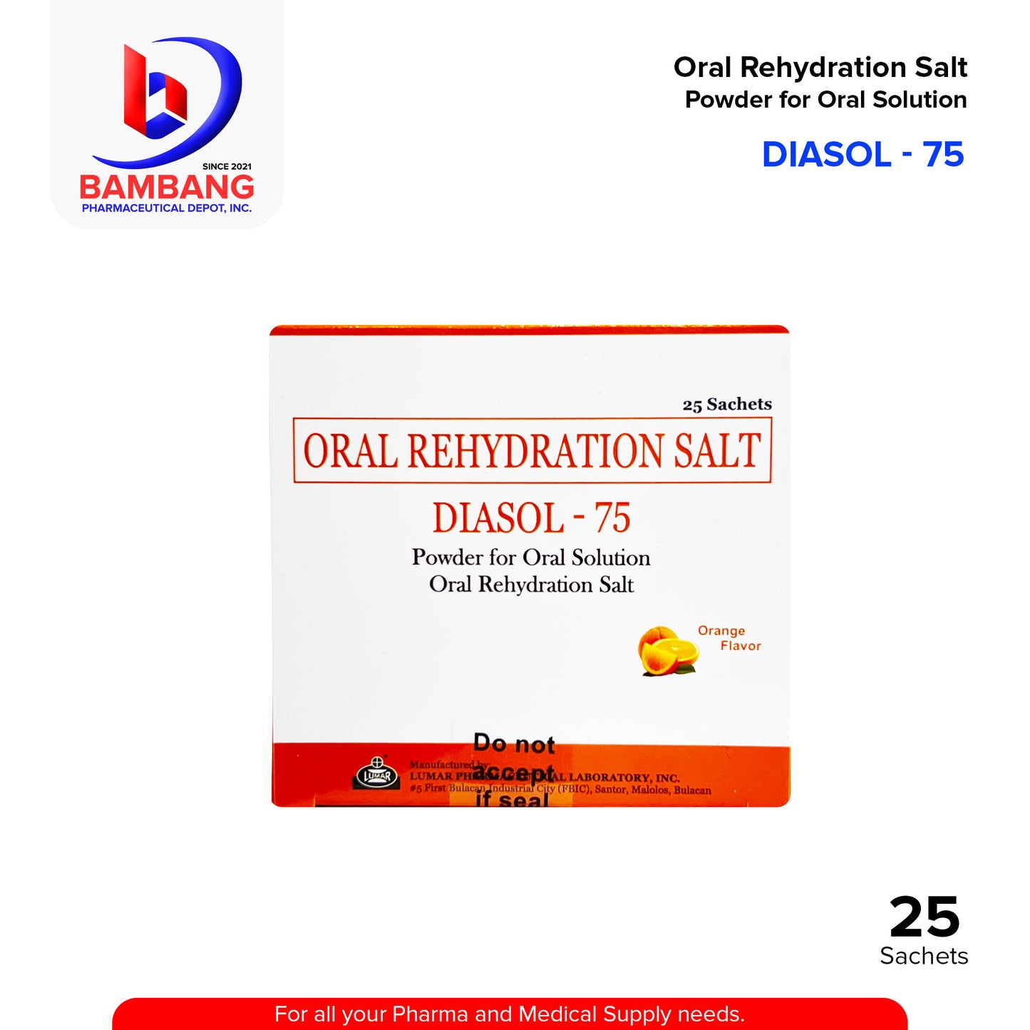 DIASOL 75 Oral Rehydration Salt Powder for Oral Solution Sachet Orange Flavor 25's