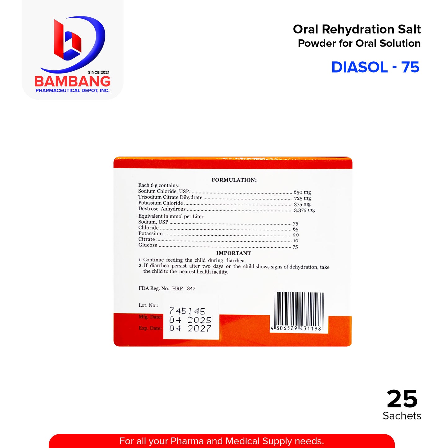 DIASOL 75 Oral Rehydration Salt Powder for Oral Solution Sachet Orange Flavor 25's