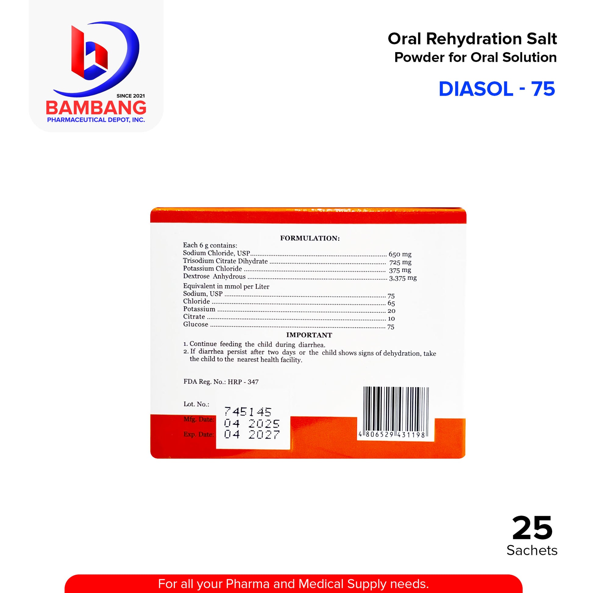 DIASOL 75 Oral Rehydration Salt Powder for Oral Solution Sachet Orange Flavor 25's