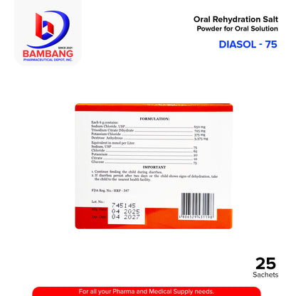 DIASOL 75 Oral Rehydration Salt Powder for Oral Solution Sachet Orange Flavor 25's