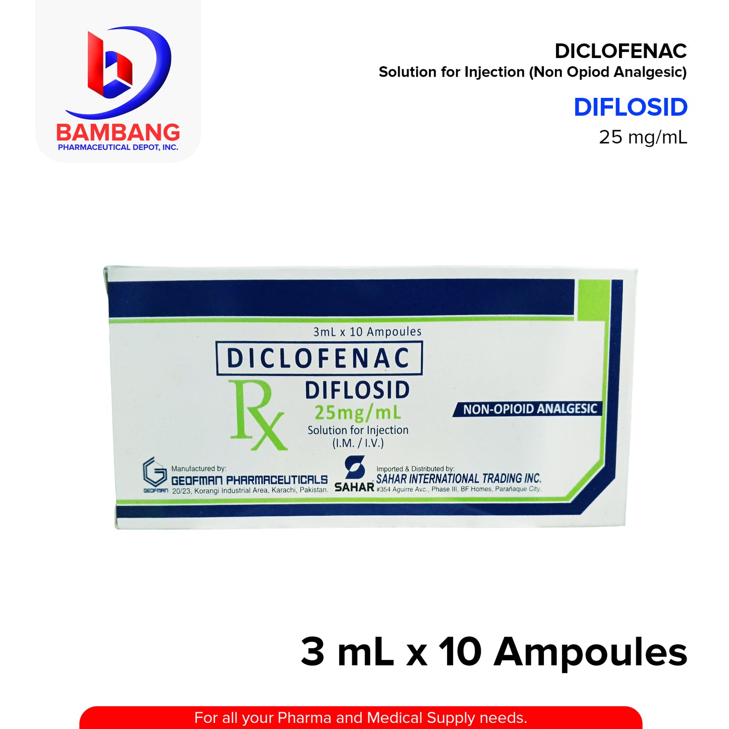 Diclofenac (Diflosid) 25mg/ml Solution For Injection 3ml x Ampoules 10's
