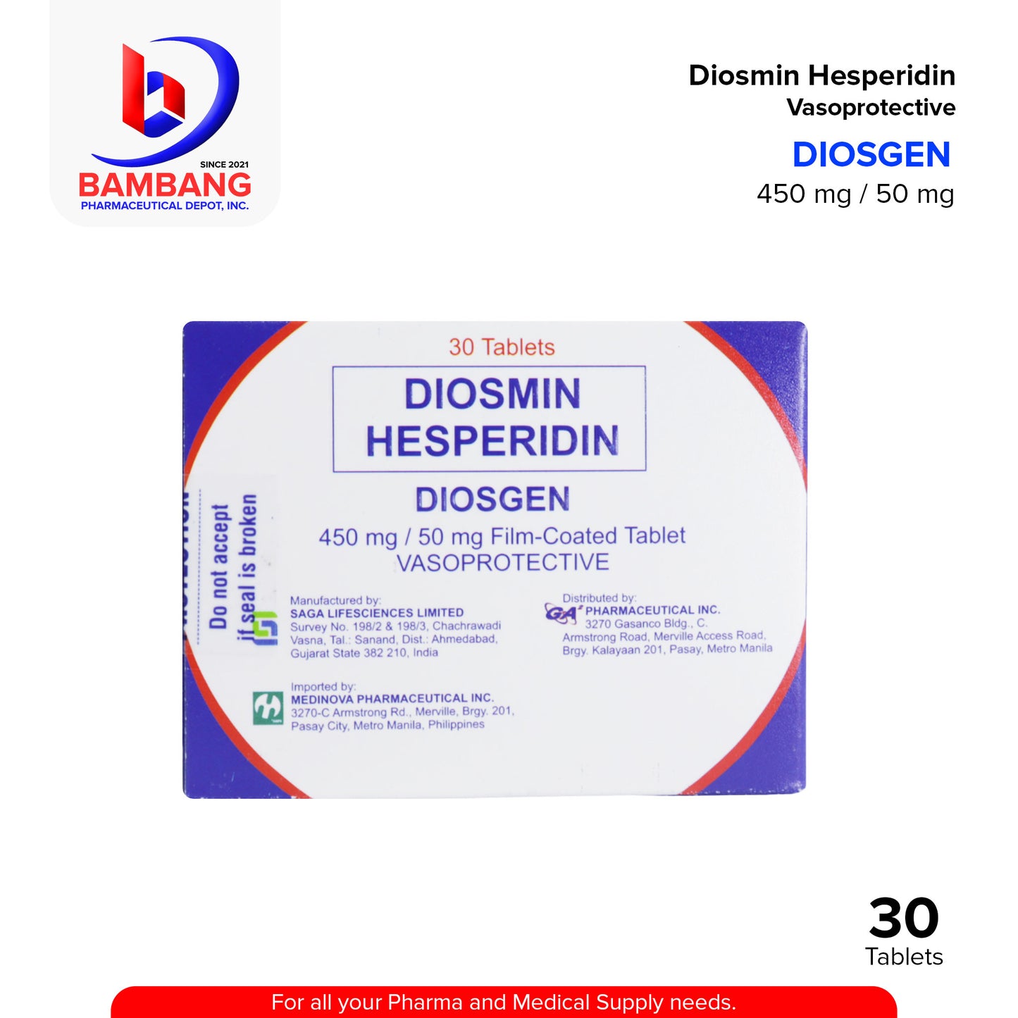 DIOSGEN Diosmin Hesperiden Vasoprotective 450mg / 50mg Film Coated Tablets 30's