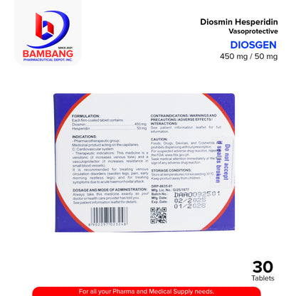 DIOSGEN Diosmin Hesperiden Vasoprotective 450mg / 50mg Film Coated Tablets 30's