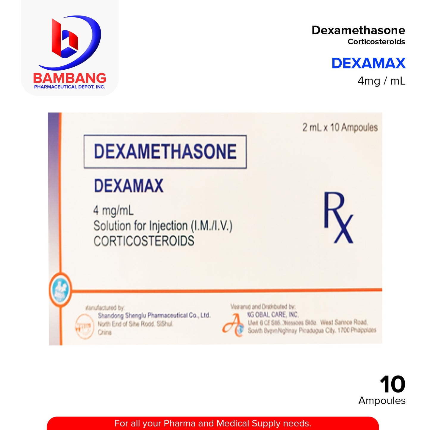 DEXAMAX Dexamethasone 4mg/ml Solution for Injection (IM/IV) 2ml x 10 Ampoules