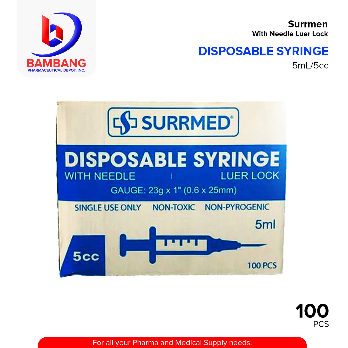 SURRMED Disposable Syringe With Needle 23g x 1 (0.6 x 25mm) 5ml 100's