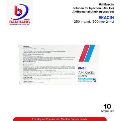 EKACIN Amikacin Solution for Injection 250 mg / mL (500 mg / 2 mL) Antibacterial Aminoglycoside 2mL x Ampoules 10's