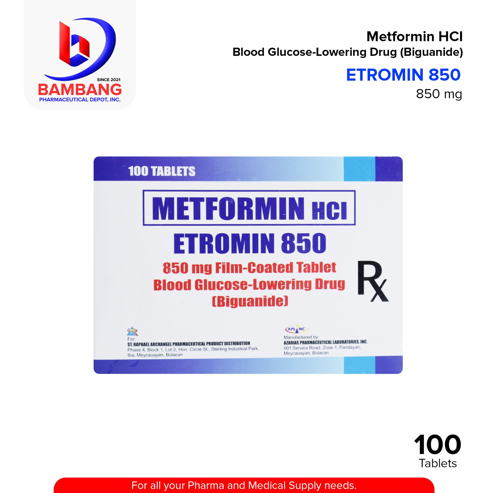 ETROMIN Metformin Blood Glucose Lowering Drug Biguanide 850mg Film-Coated Tablet 100's