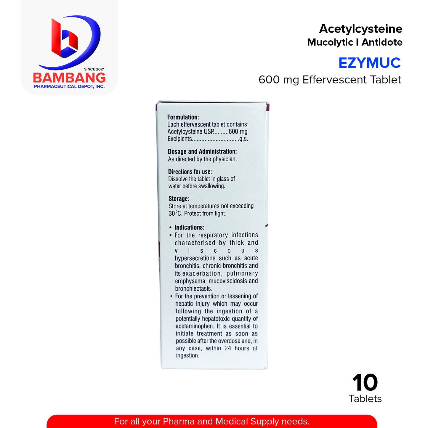 EZYMUC Acetylcysteine 600mg Effervescent Tablet 10's