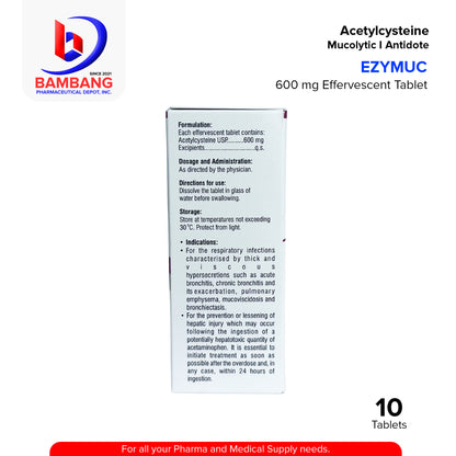 EZYMUC Acetylcysteine 600mg Effervescent Tablet 10's