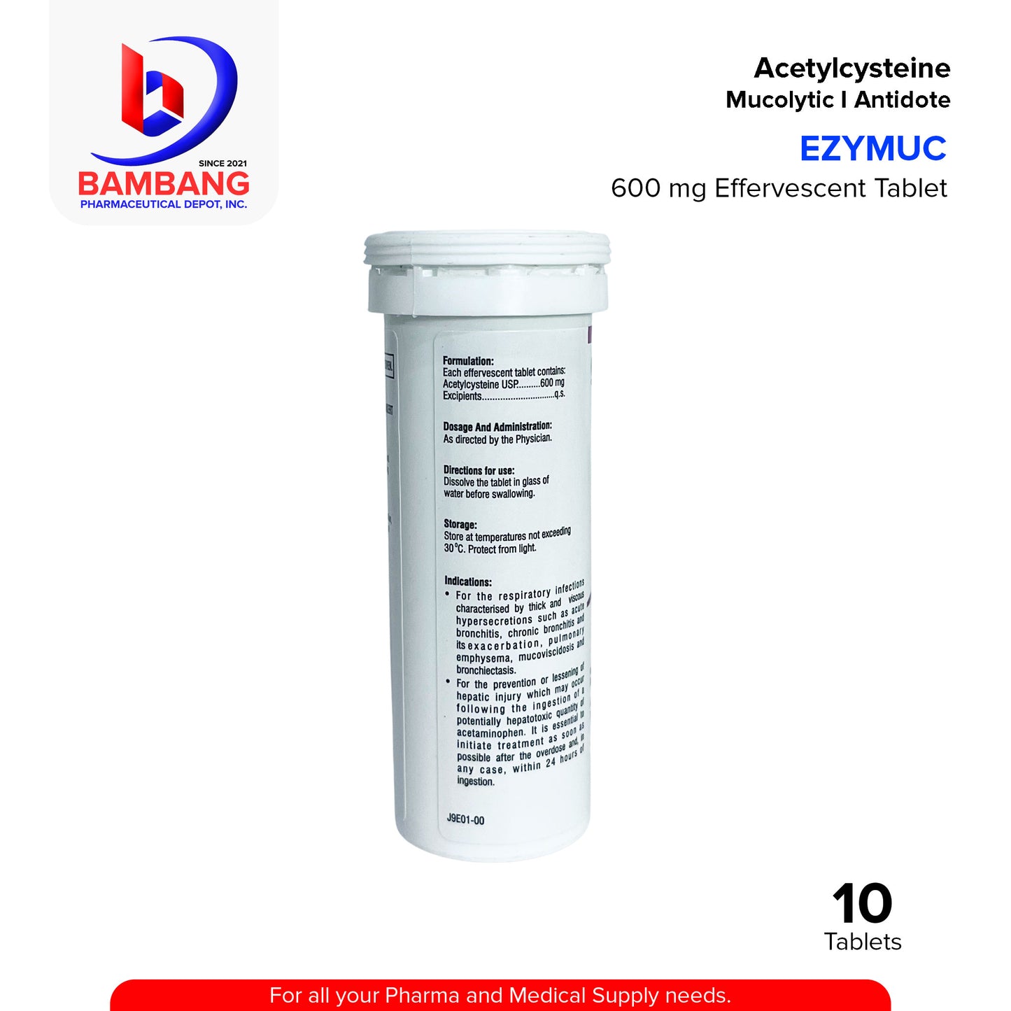 EZYMUC Acetylcysteine 600mg Effervescent Tablet 10's