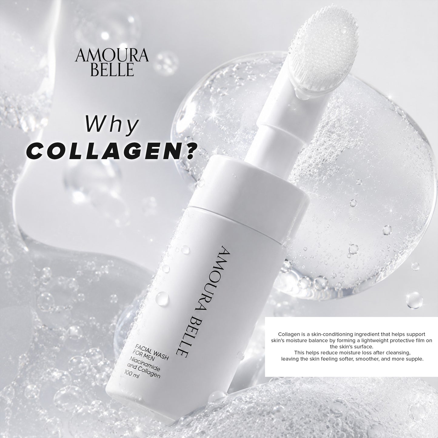 AMOURA BELLE Niacinamide & Collagen Facial Wash for Men 100ml – Gentle Hydrating Brightening Cleanse