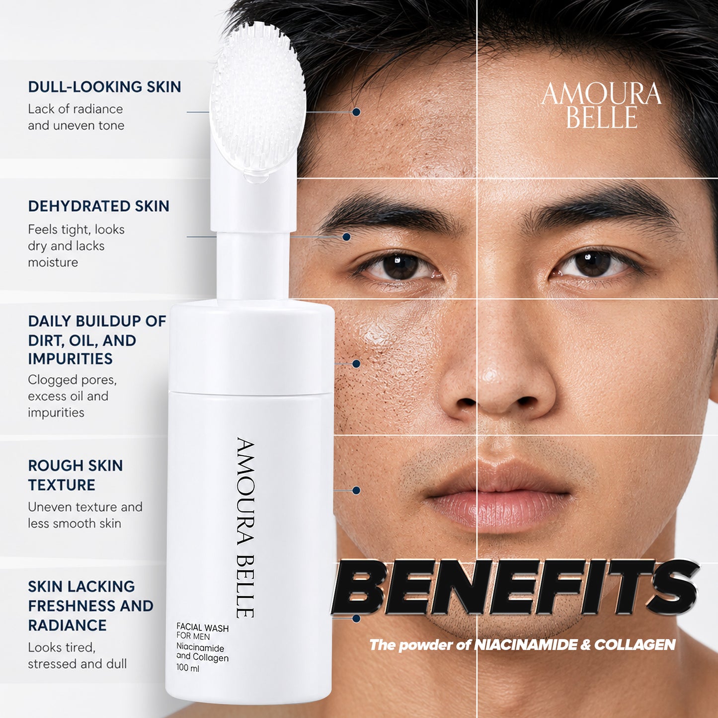 AMOURA BELLE Niacinamide & Collagen Facial Wash for Men 100ml – Gentle Hydrating Brightening Cleanse