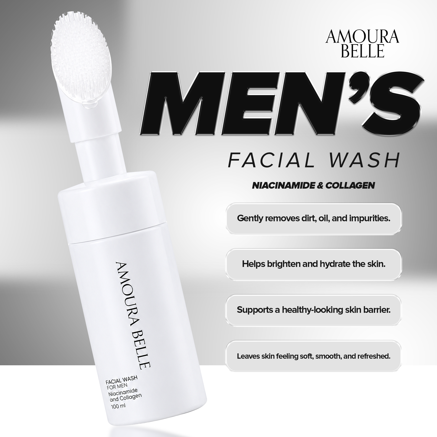 AMOURA BELLE Niacinamide & Collagen Facial Wash for Men 100ml – Gentle Hydrating Brightening Cleanse