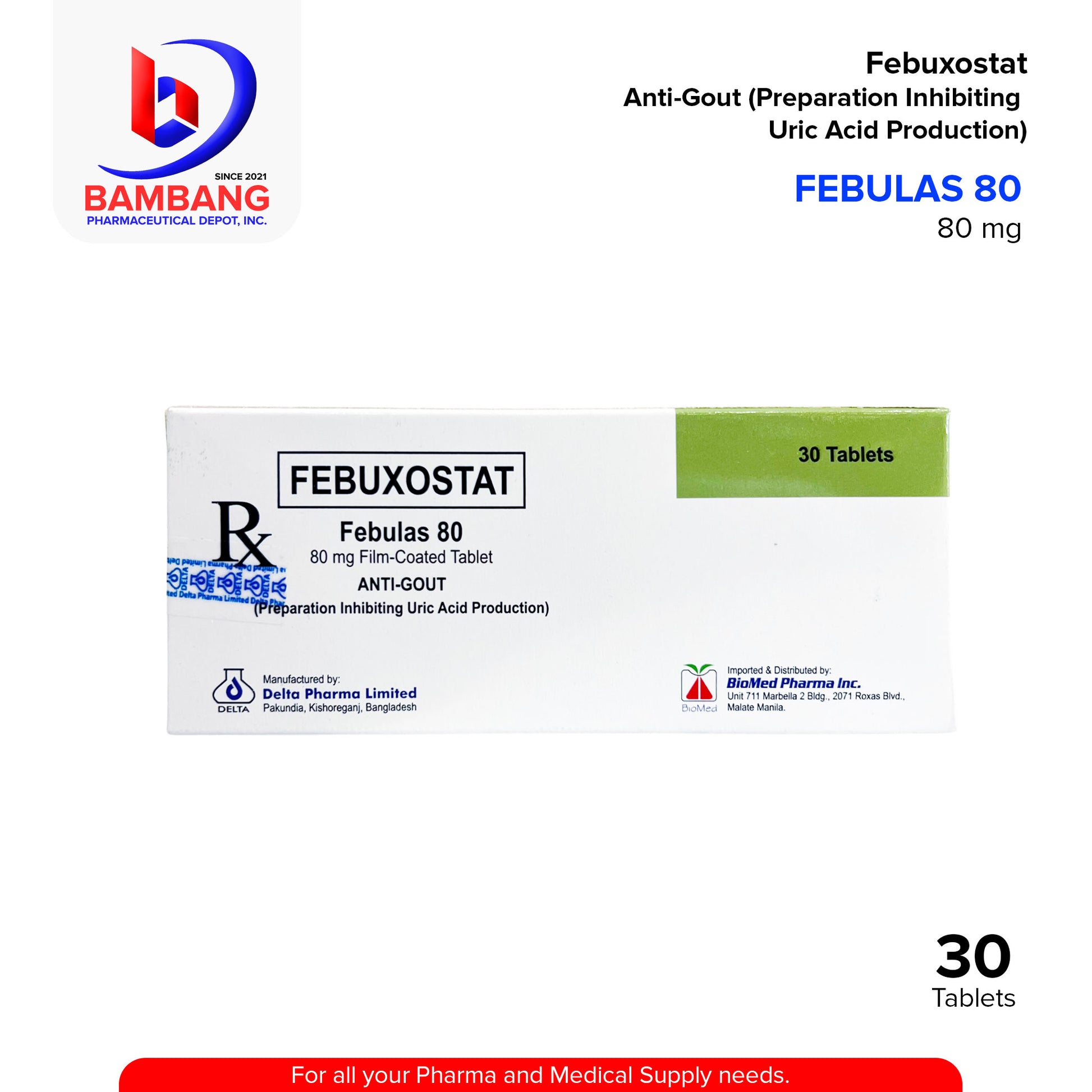 FEBULAS 80 Febuxostat Anti Gout Preparation Inhibiting Uric Acid Production 80 mg Film Coated Tablet 30's 