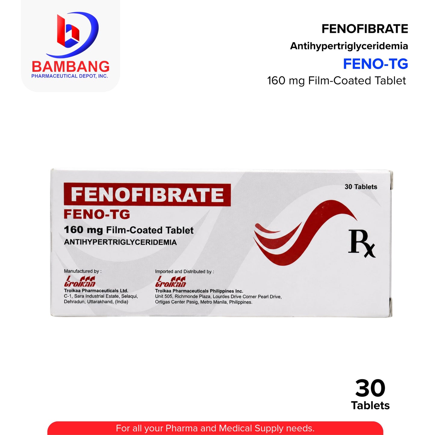 Box of Fenofibrate tablets with Bambang Pharmaceutical Depot, Inc. logo on a white background